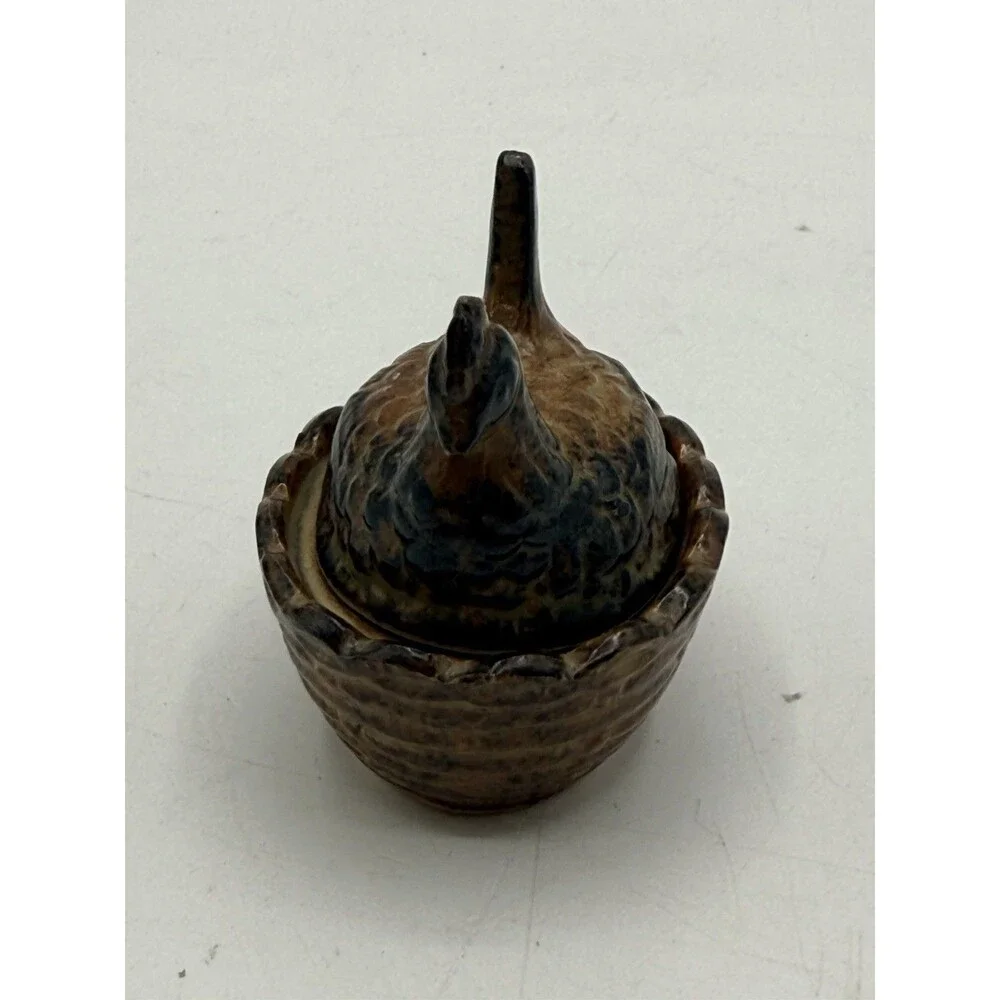 Vintage PWF Japan Mini 2.25” Ceramic Brown Black Drip Hen On The Nest